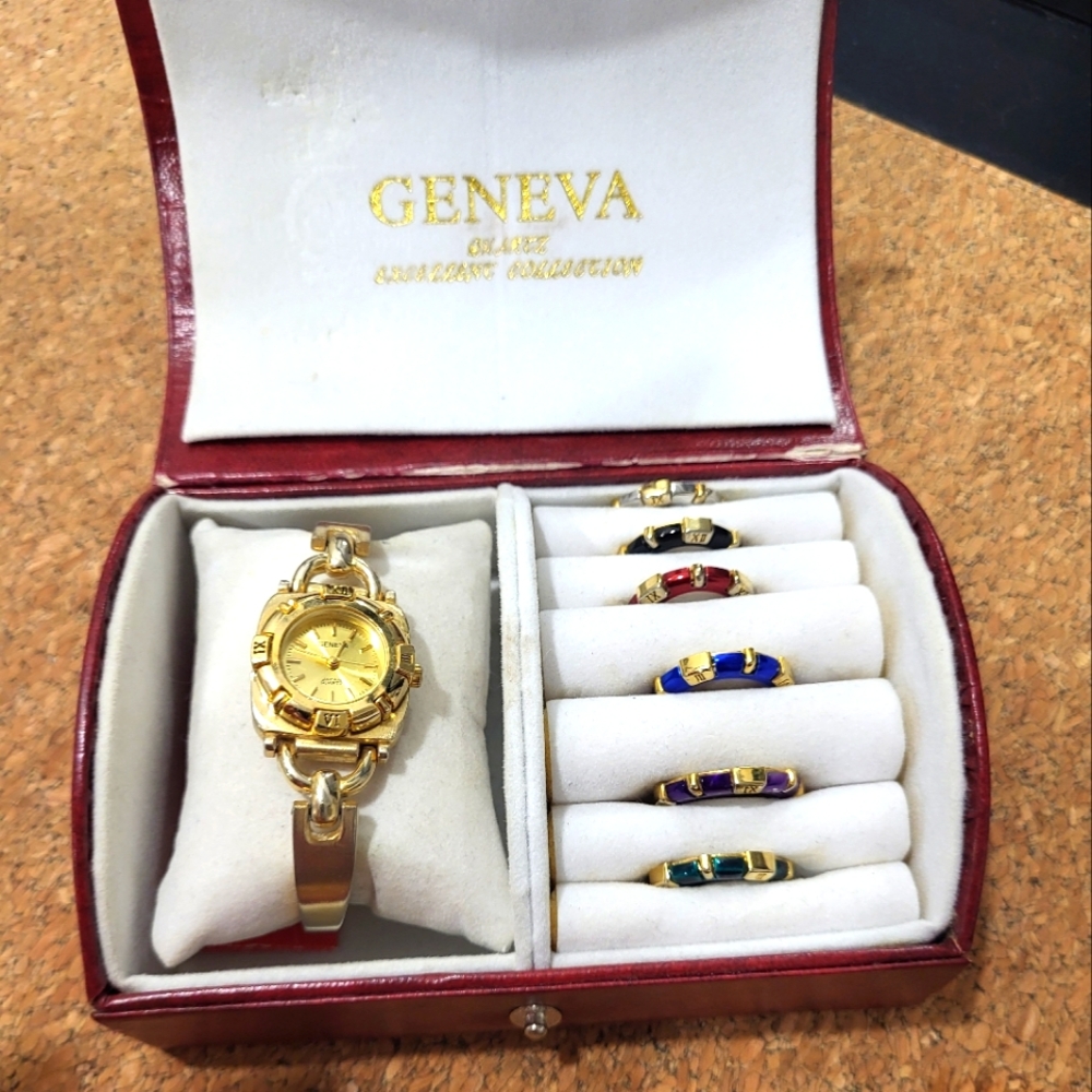 Vintage Geneva Quartz Watch with Interchangeable Ring Set